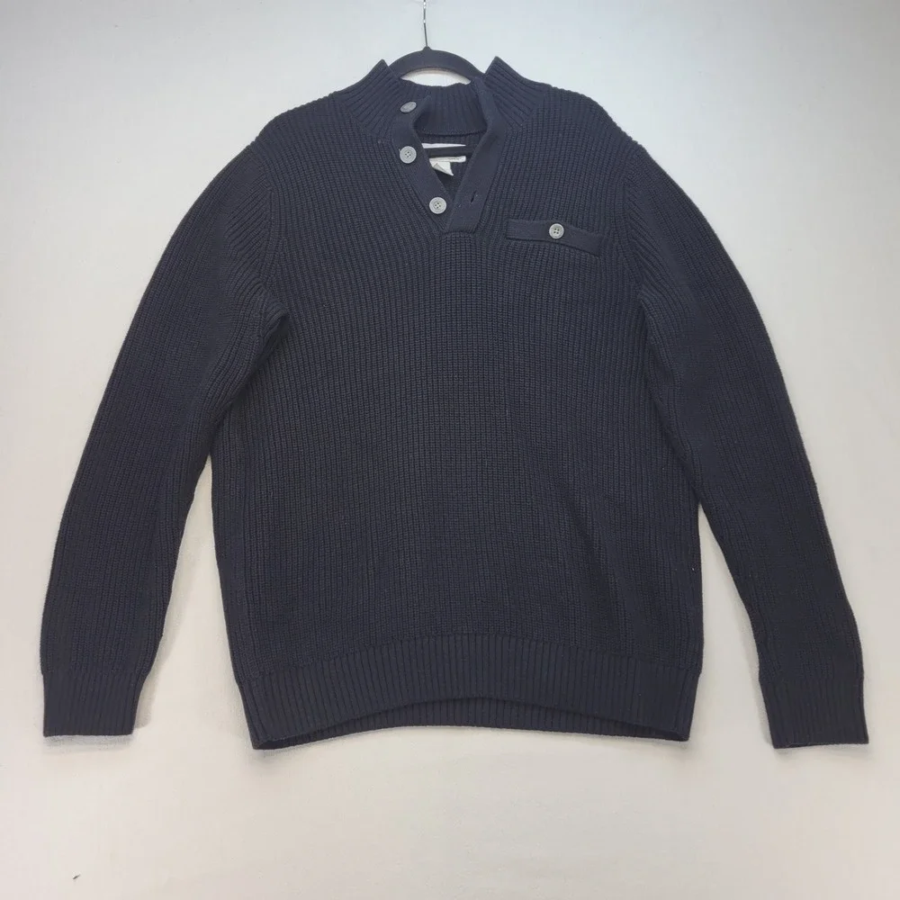 Duluth Trading Co Henley Sweater Mens L Navy Blue Ribbed Wool Blend‎ Elbow Patch